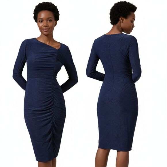 LONDON TIMES NWT Women’s Size 14 Navy Asymmetrical Ruched Dress - Picture 3 of 8